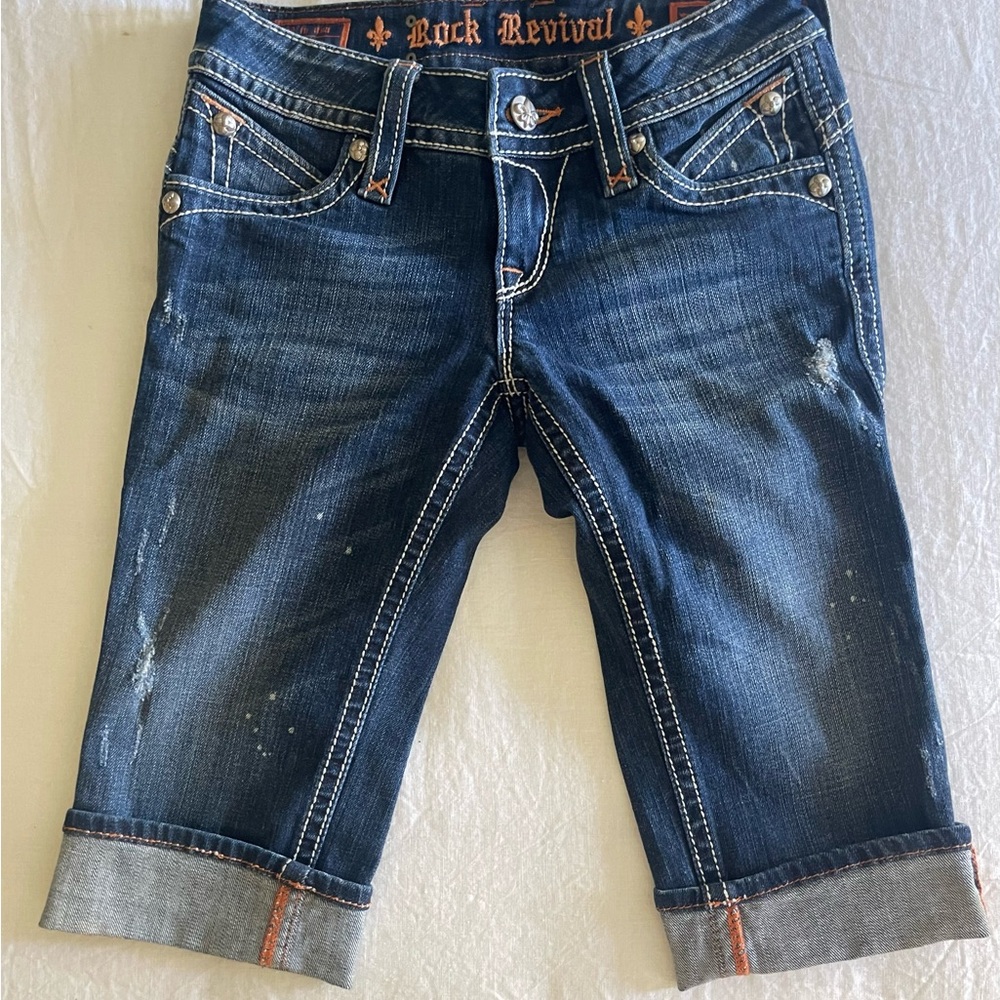 Rock Revival Dark Blue Shorts with Orange Stitching